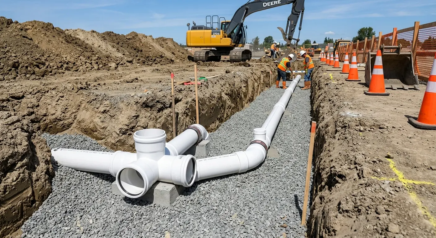 New PVC sewer pipe installation in open trench for Grease Trap Cleaning in Tonganoxie