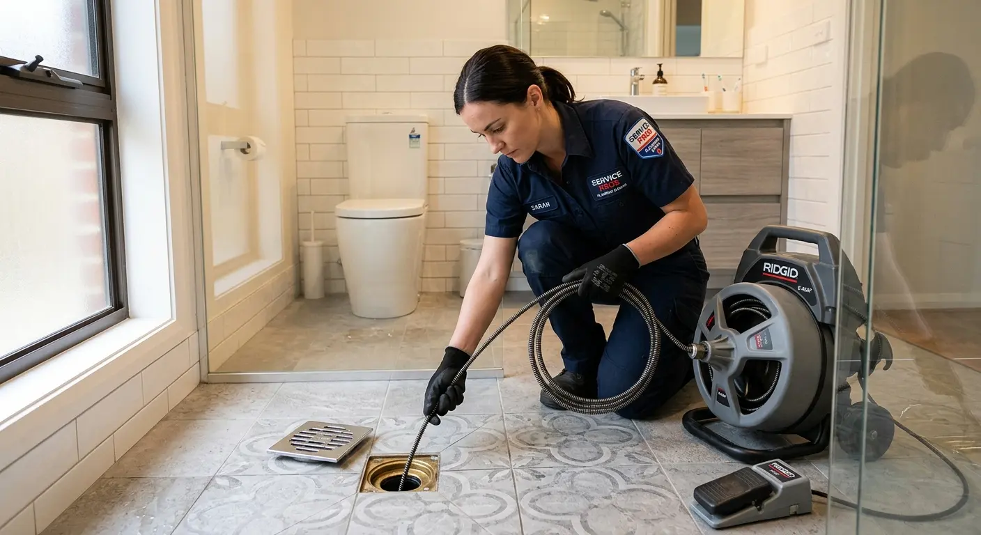 Technician clearing a bathroom floor drain for Sewer Line Installation in Tonganoxie